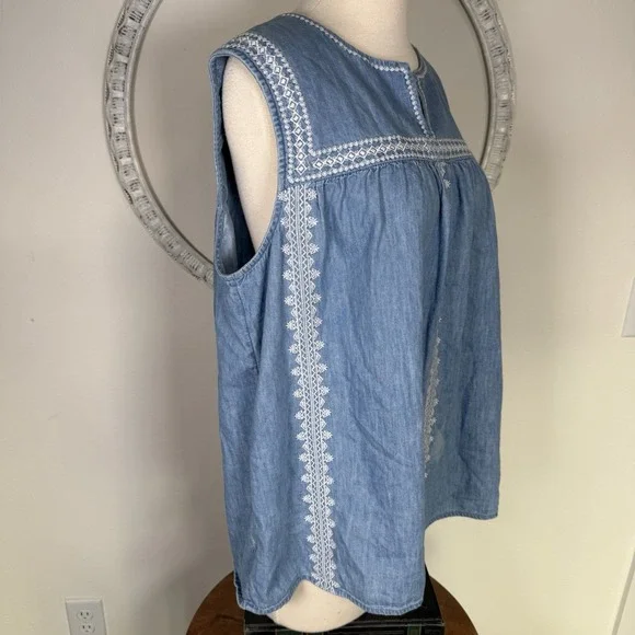 J. Jill Denim Embroidered Floral Chambray Denim Sleeveless Shirt Tank Top XL - Picture 7 of 12